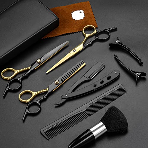 Hair Scissors,11Pcs Professional Black Gold Hair Cutting Scissors Shears Sets, Stainless Steel Barber Scissors Supplies